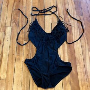 Aqua Black Fringe Halter One-Piece Swimsuit - Women's Size Medium